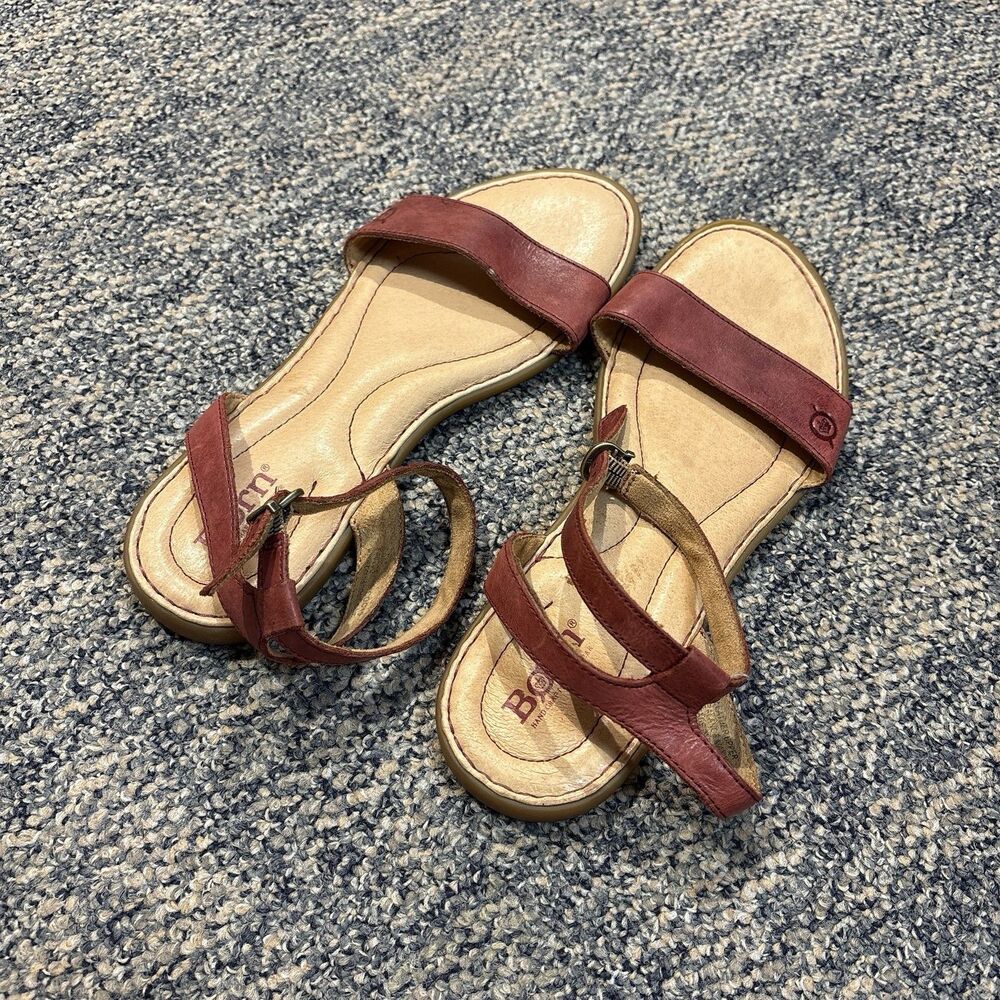 Born Leather Alice Flat Sandals Shoes Size 8.5 Pink/Red Ankle Strap Comfort - Picture 3 of 8